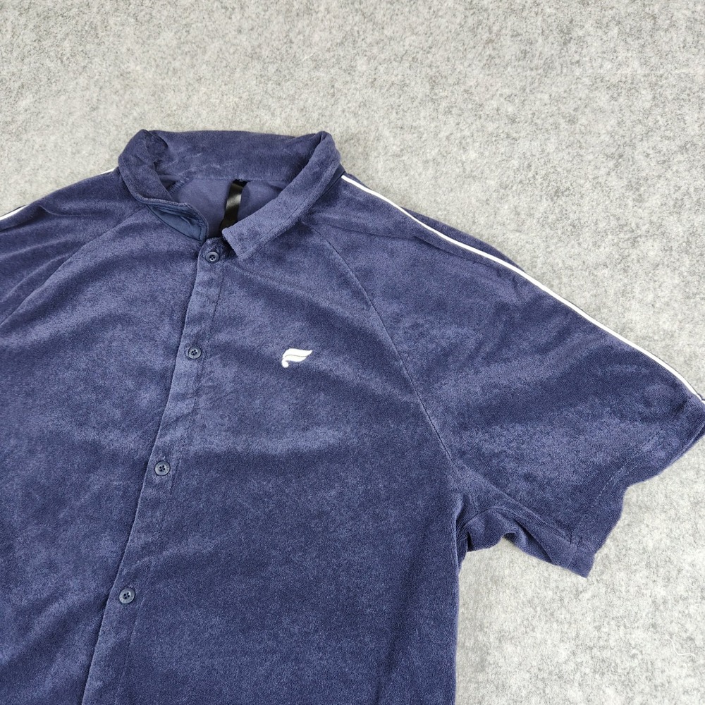 Fabletics Island Terry Button Up Shirt Men XL Navy Blue Cabana Short Sleeve